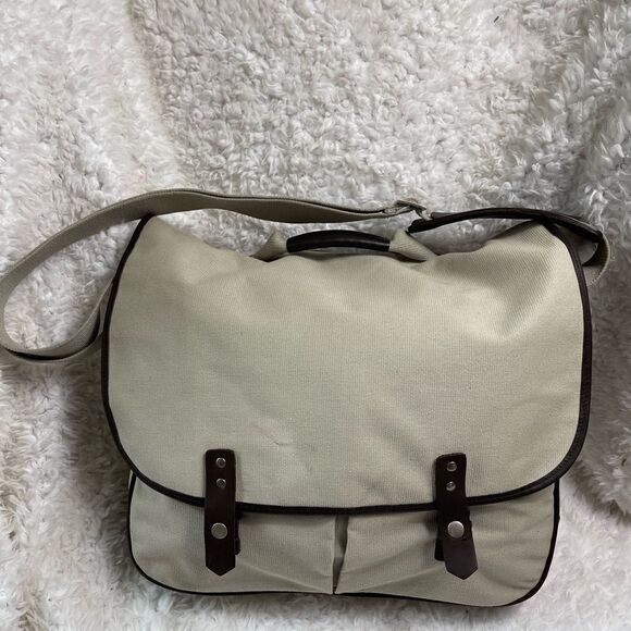 Unisex Banana Republic large messenger bag taupe canvas & Brown leather trims - Picture 1 of 13